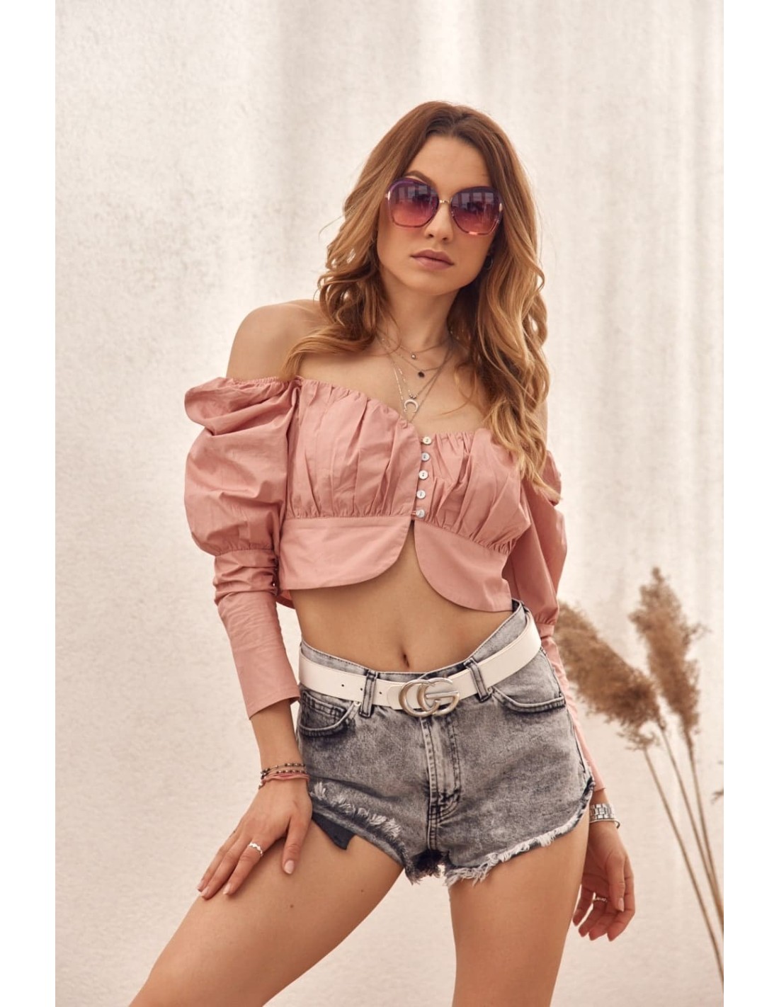 Bluza scurta cu decolteu inima, roz 4070 - Magazin online - Boutique